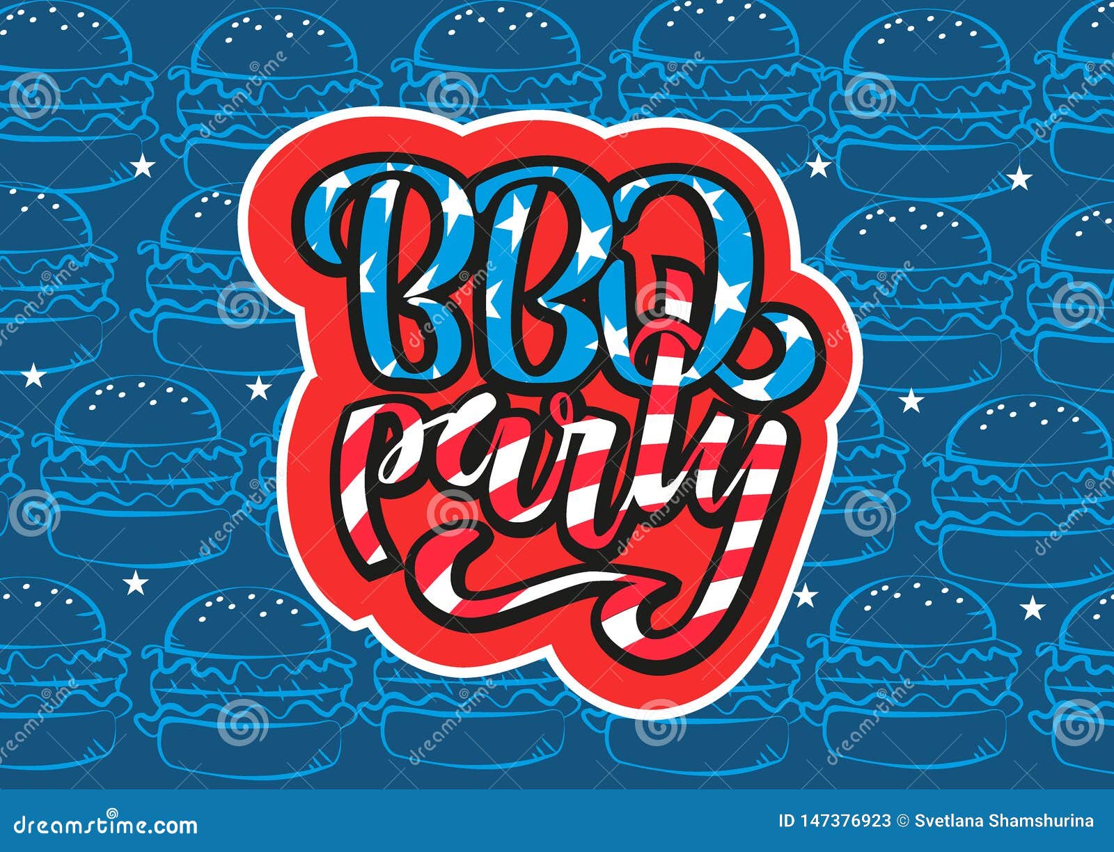 4 luglio invito dell'iscrizione del partito del BBQ al barbecue americano di festa dell'indipendenza con le stelle delle decorazi. 4 luglio invito dell'iscrizione del partito del BBQ al barbecue americano di festa dell'indipendenza con le decorazioni del 4 luglio, stelle, bandiere, fuochi d'artificio su fondo blu Illustrazione disegnata a mano di vettore