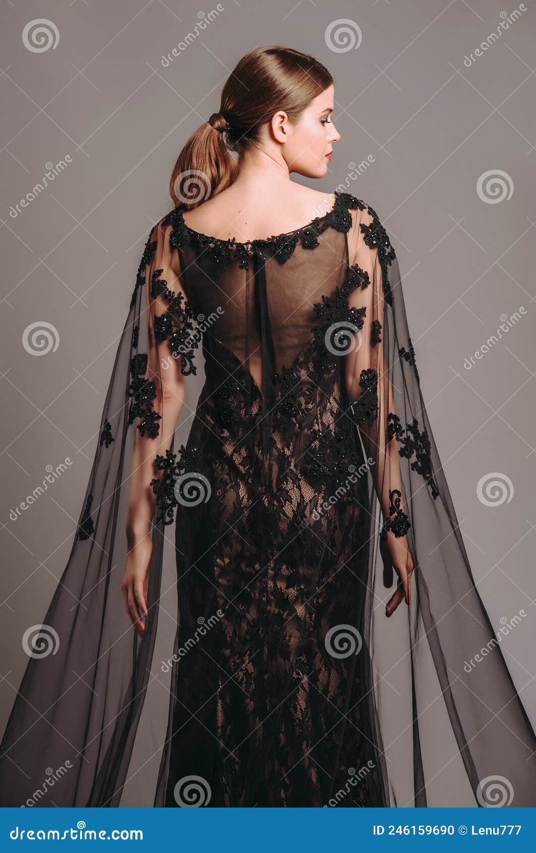 Lujoso Vestido De Noche De Negro Con Capa Transparente De Flutter. Vestido Bordado Con Trenecito De Moda Foto de archivo - Imagen de negro, pelo: 246159690