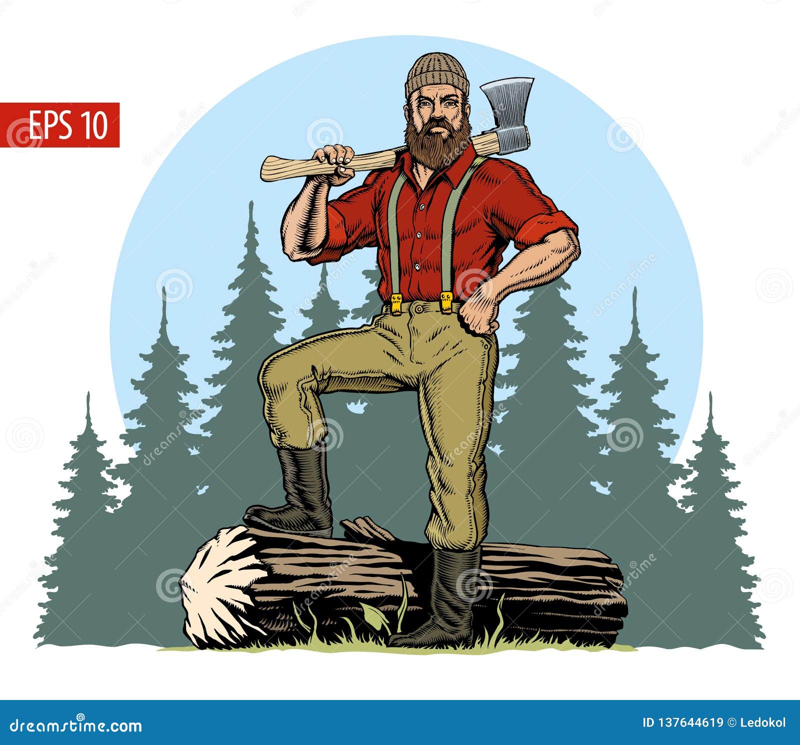 Lumberjack with Axe and Downed Log, Forest Background. Vector