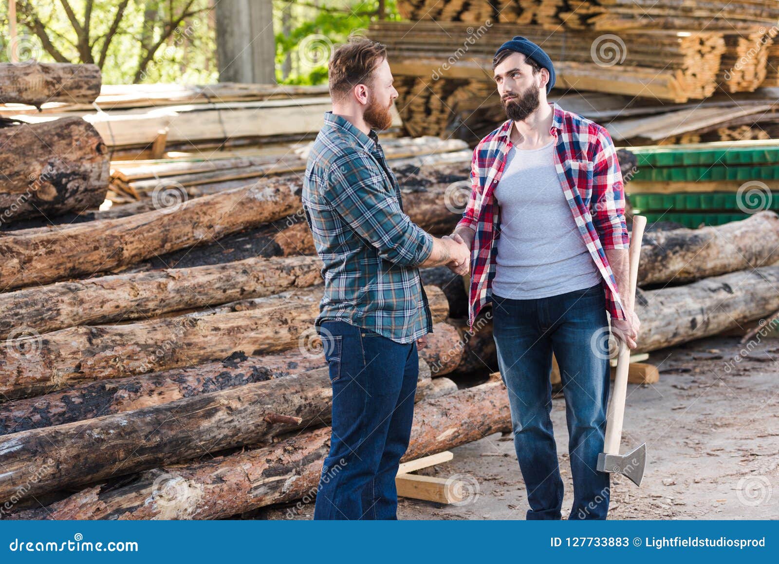 Lumberjack with Holding Axe and Shaking Hands with Partner Stock Image Image of people