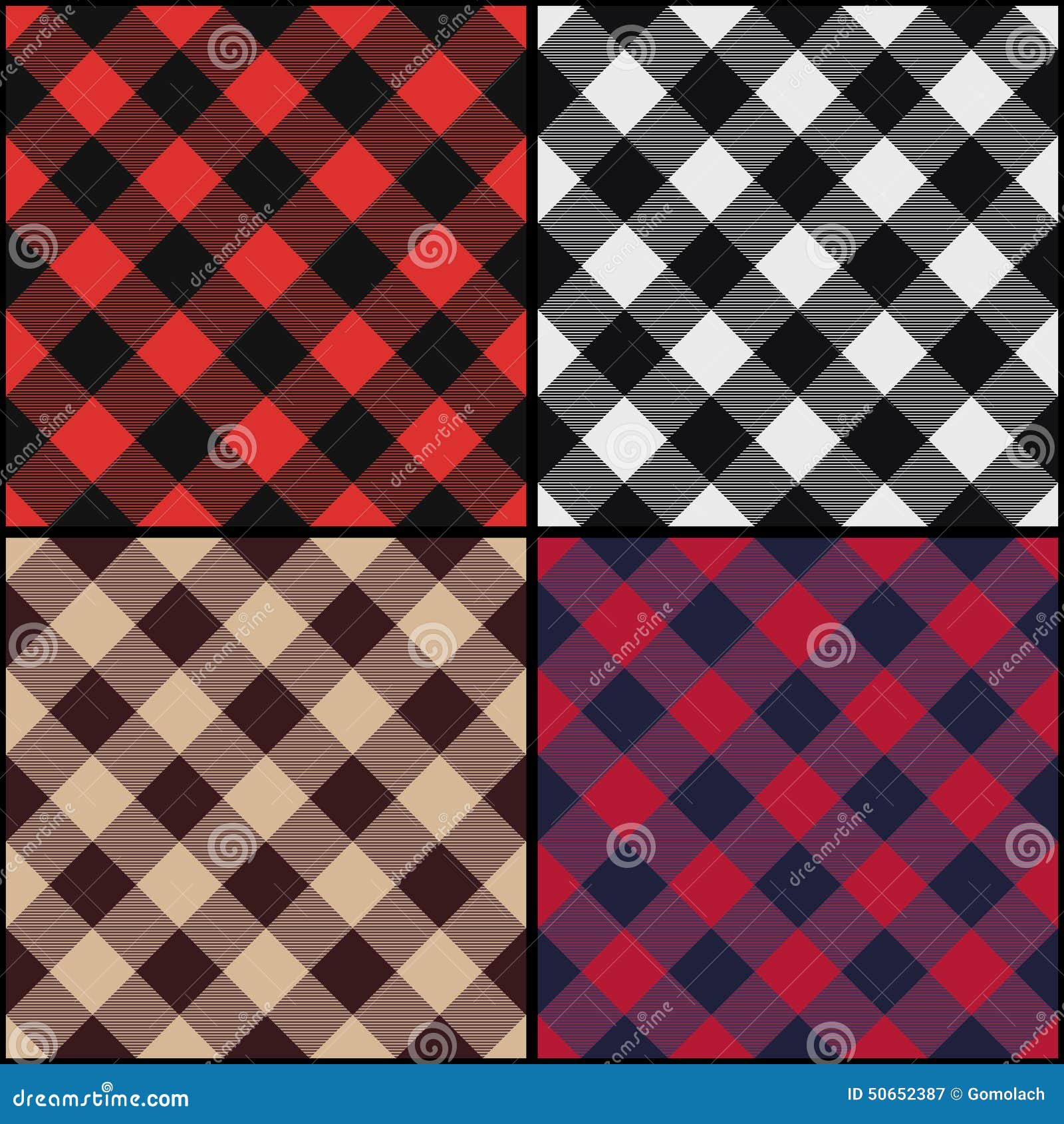Lumberjack Plaid Diagonal Seamless Pattern Set. Stock Vector