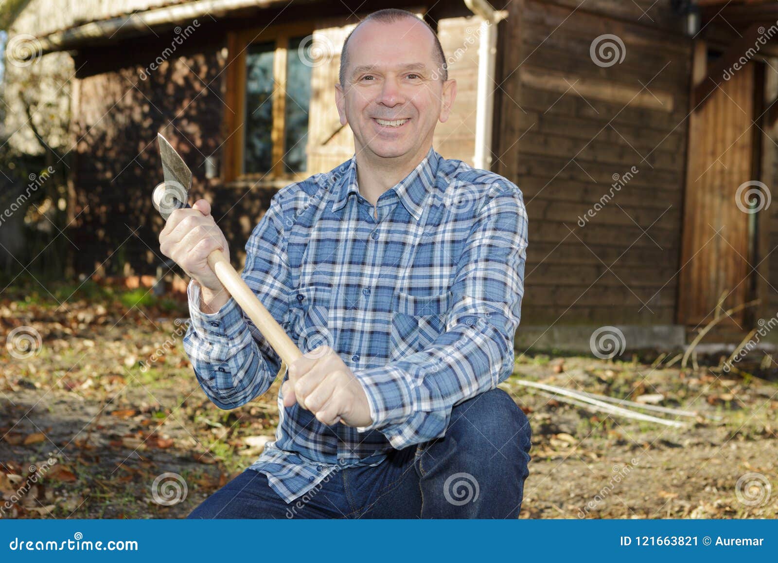 Lumberjack Resting with Axe Outdoors Stock Image Image of farmer