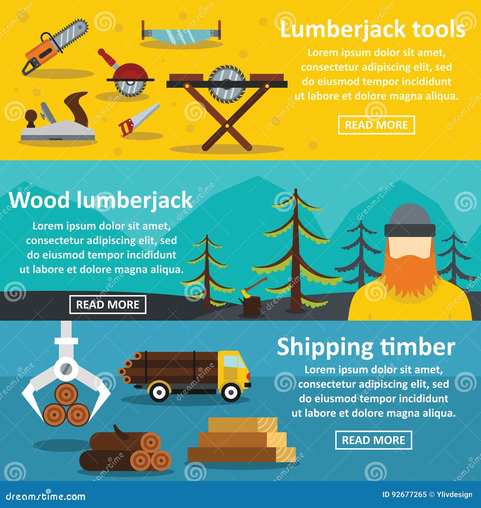 Lumberjack Tools Banner Horizontal Set, Flat Style Stock Vector