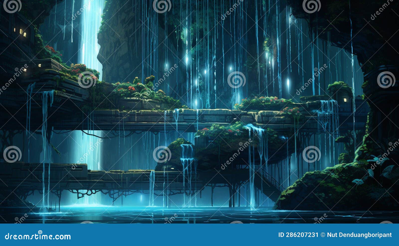 luminescent cascade: techno jungle's enchanted waterfall