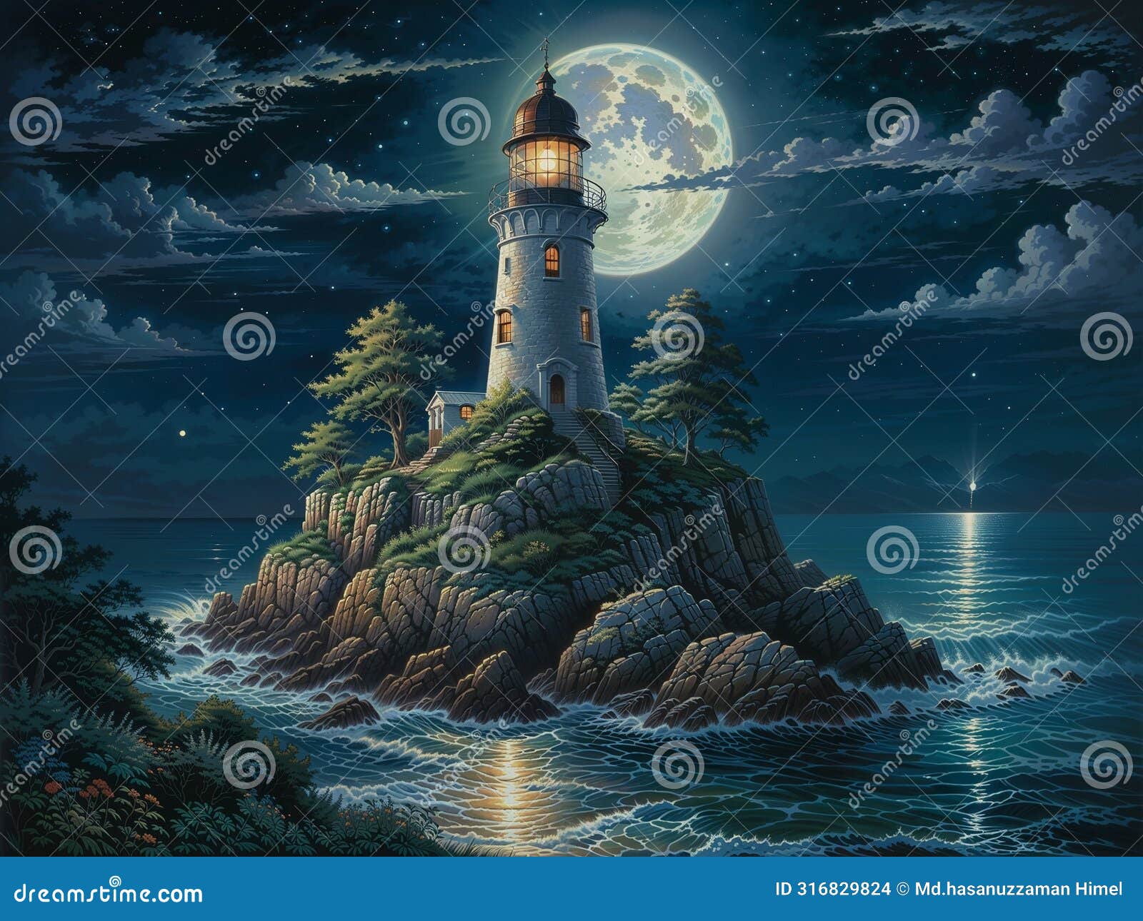 luminescent guardian: moonlit lighthouse