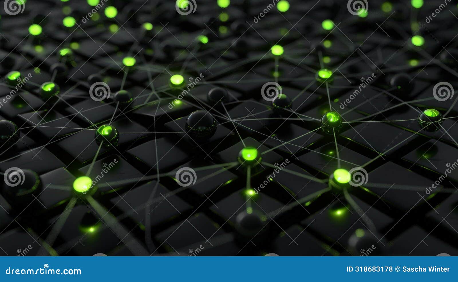 luminescent nexus: black 3d grid with bright green glowing spheres