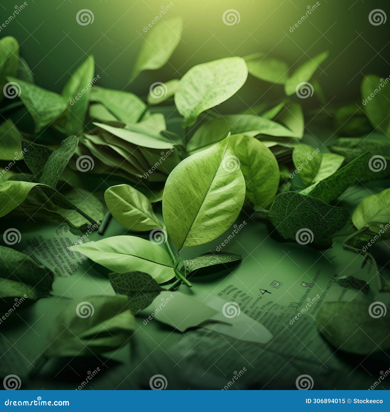 luminous green leaf sprigs on paper background - 3d rendering