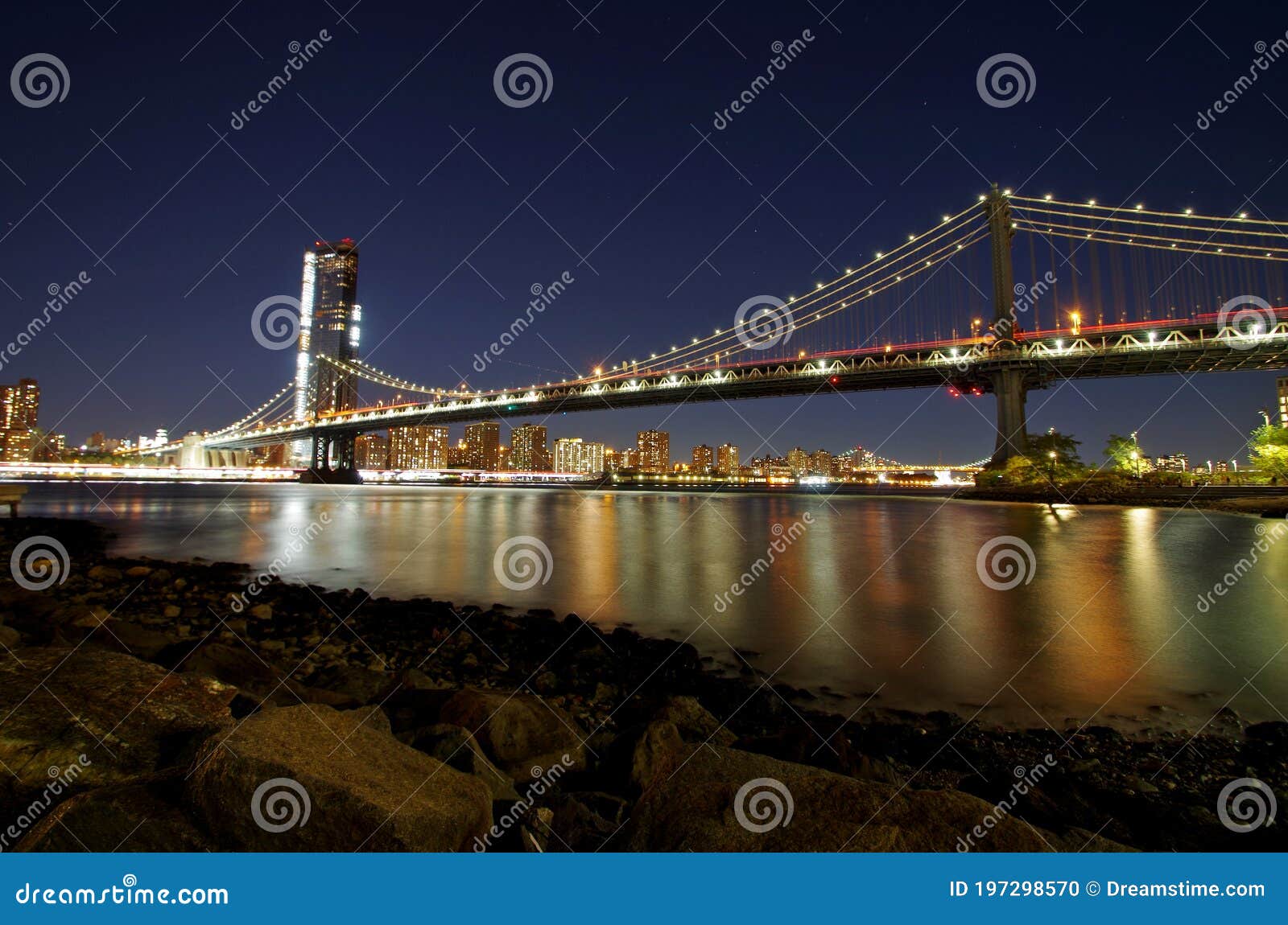 Luminous Manhattan Bridge by Night Stock Photo - Image of luminous ...