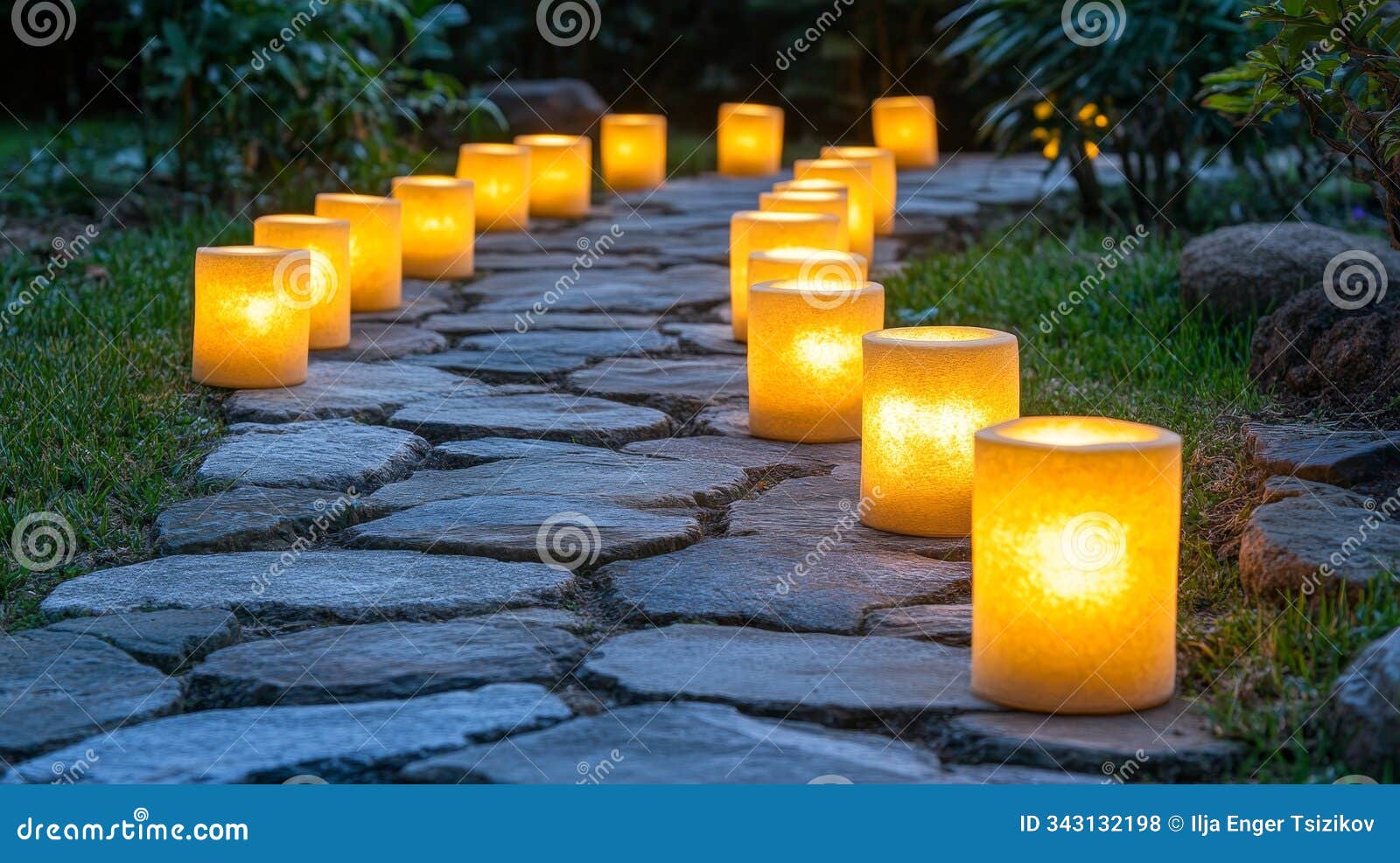 luminous path romantic ambiance with glowing candles illuminating a stone pathway at twilight