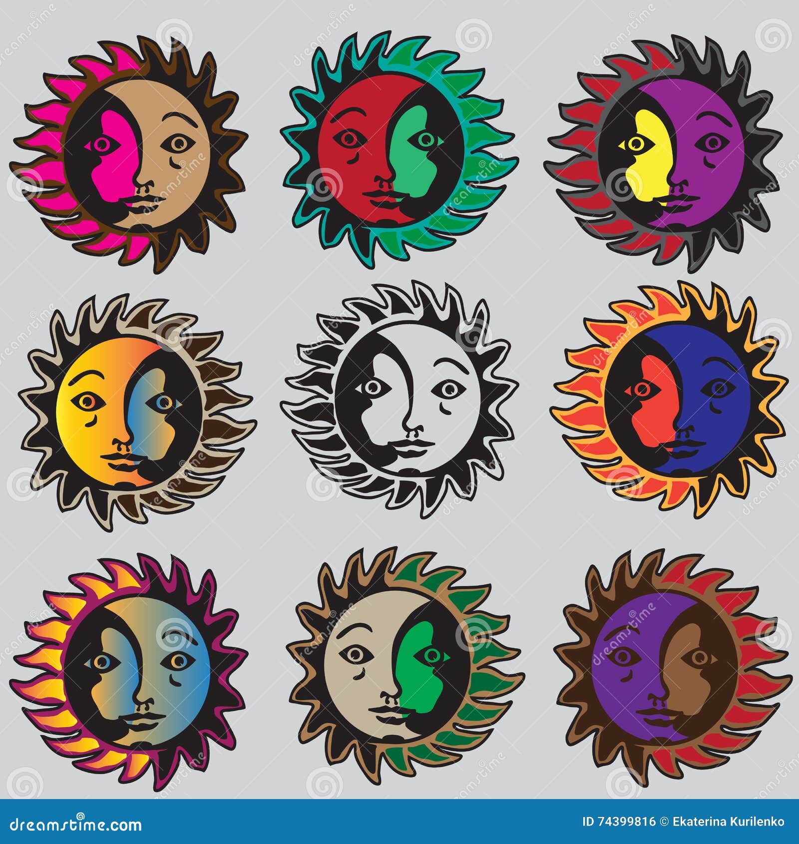 Luna Ed Il Sole in Un Insieme Illustrazione Vettoriale Illustrazione