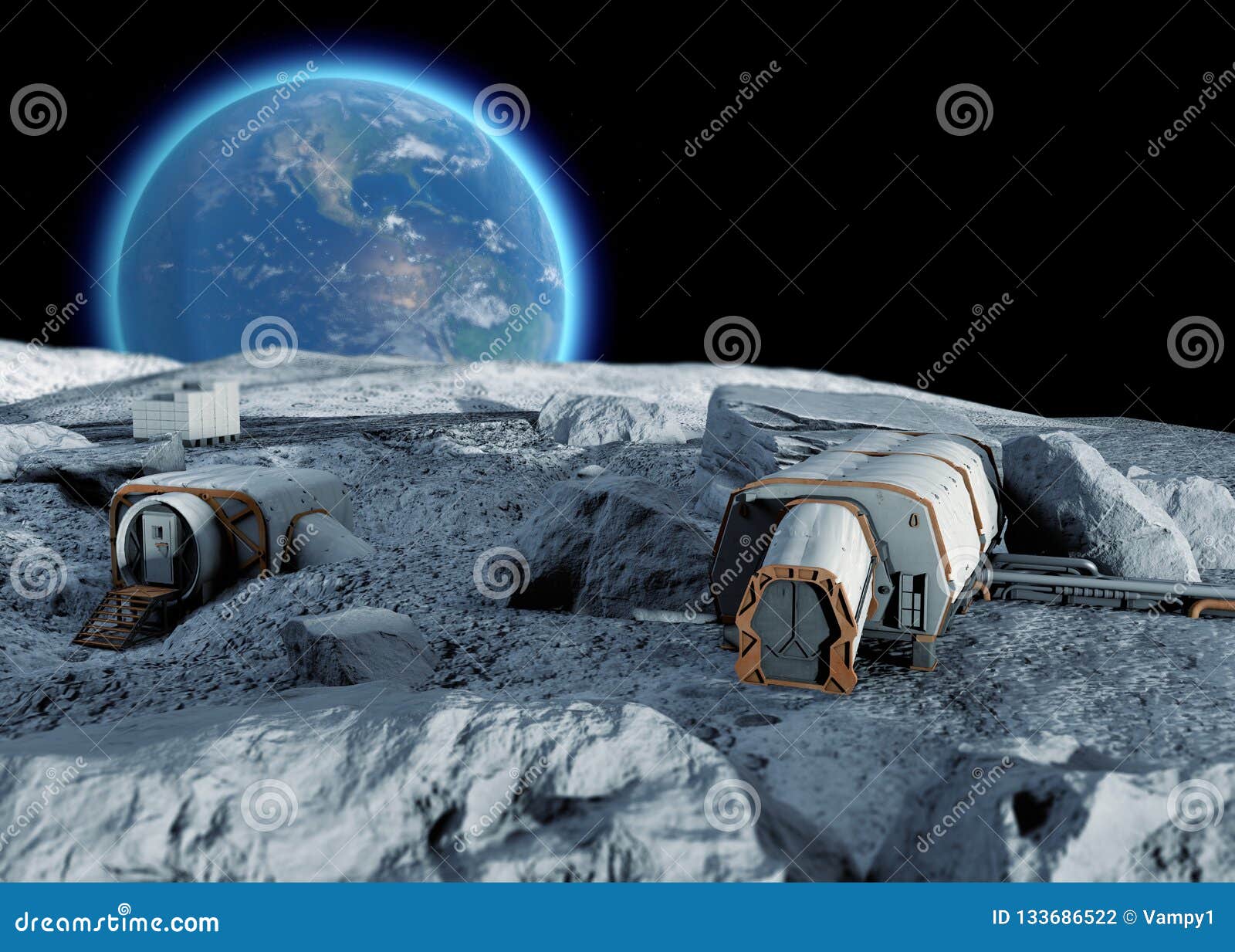 lunar base, spatial outpost. first settlement on the moon. space missions. living modules for the conquest of space.