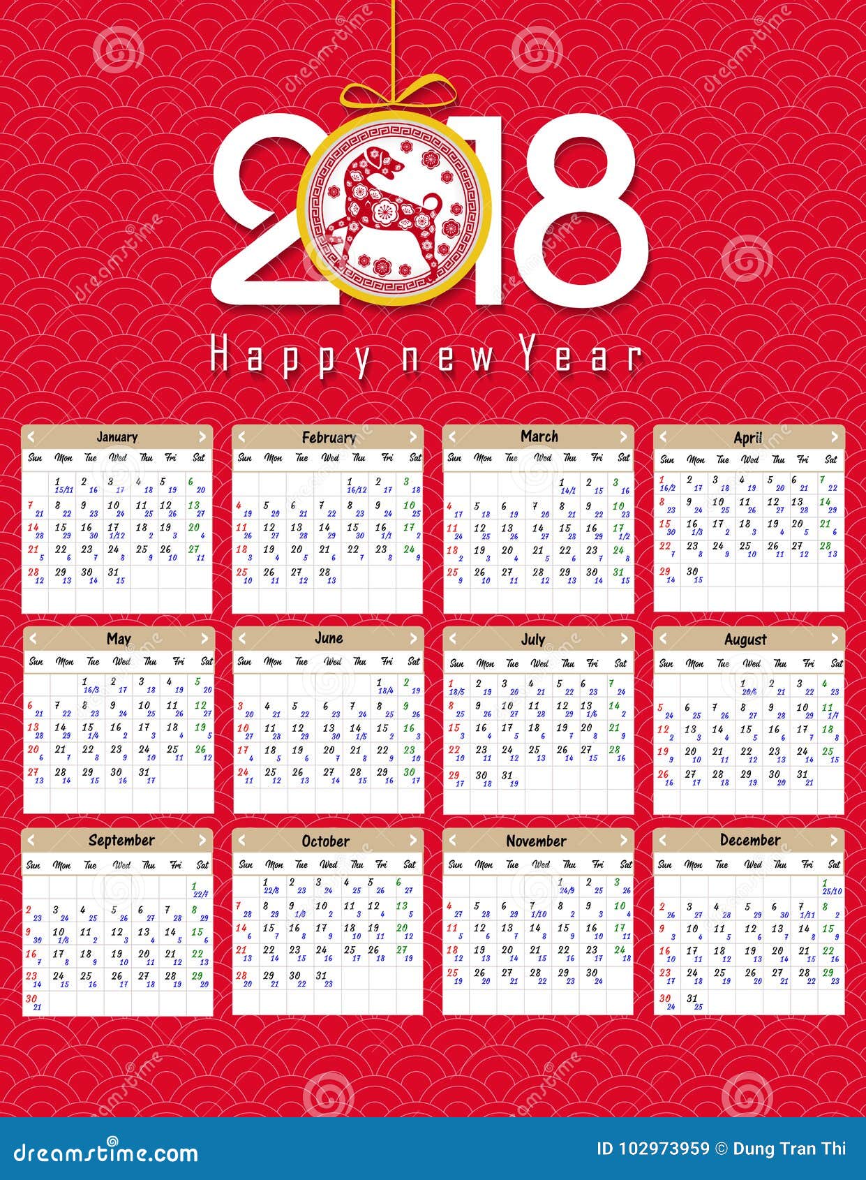 Lunar Calendar Chinese Calendar For Happy New Year 2018 Year Of The Dog Stock Vector Illustration Of June April 102973959