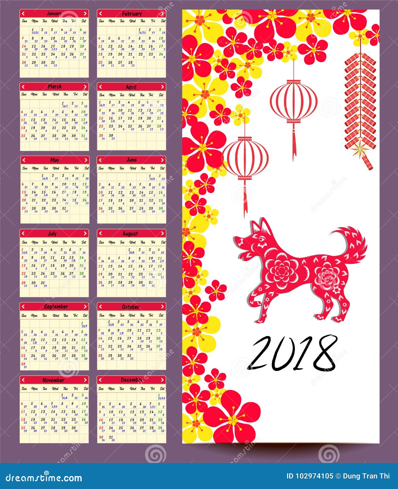 Lunar Calendar, Chinese Calendar for Happy New Year 2018 Year of the