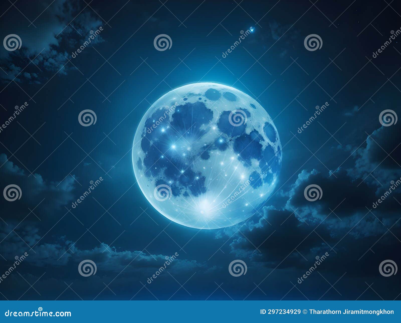 Lunar Luminosity: Captivating Blue Moonlit Sky Stock Illustration 