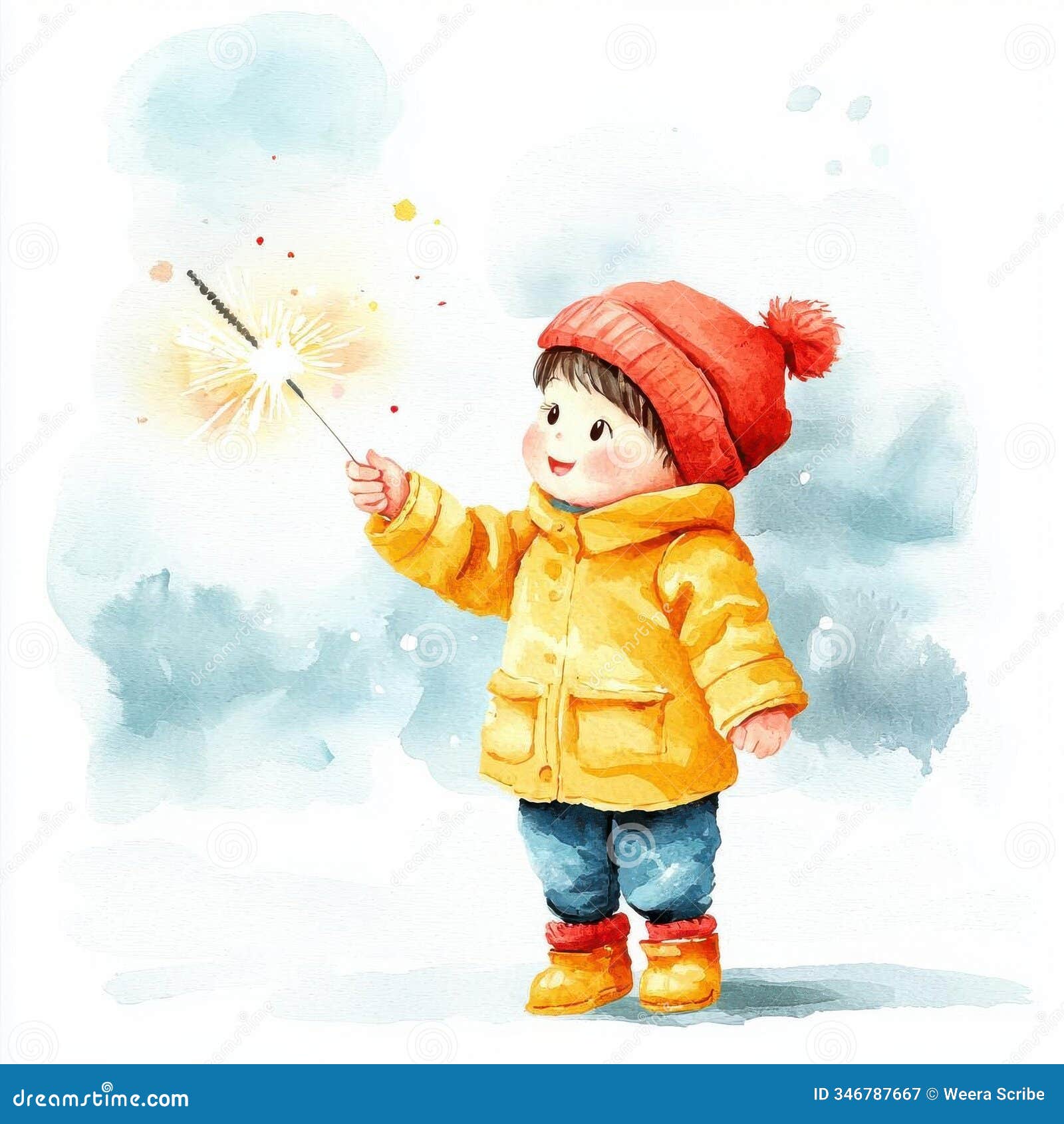 lunar new year watercolor clipart. a child lighting sparklers during lunar new year clipart, joyful celebration, watercolor style