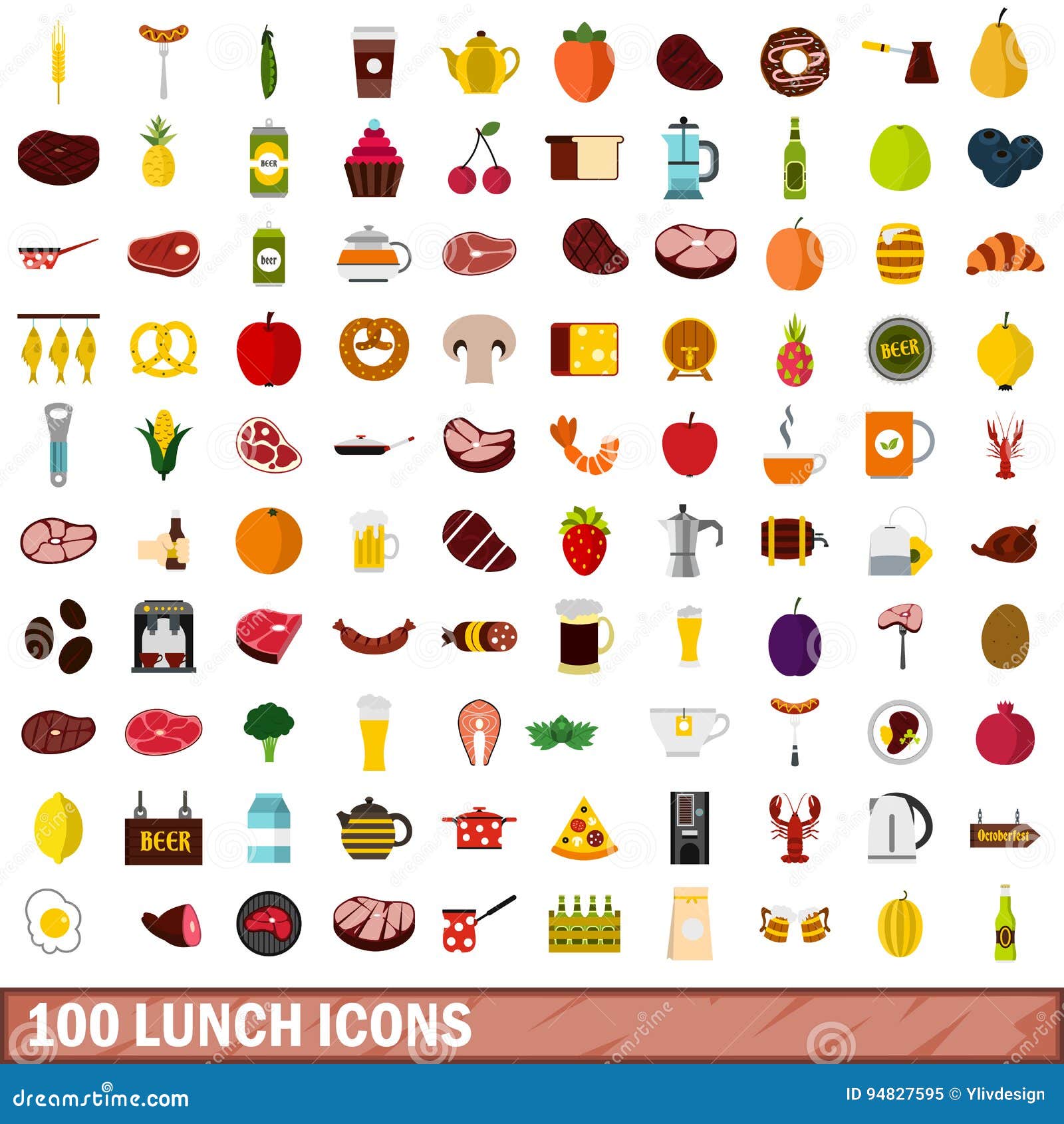 100 Lunch Icons Set, Flat Style Stock Vector - Illustration of mushroom ...