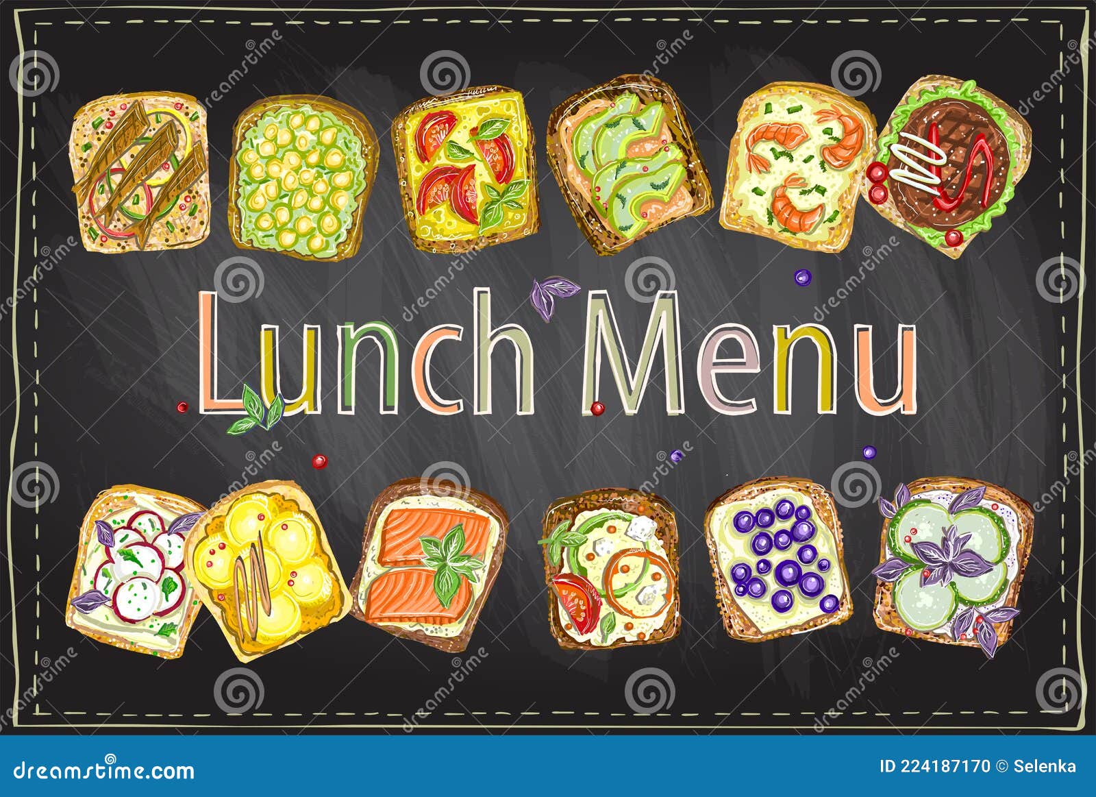 Lunch Menu Chalk Vector Template with Assorted Sandwiches Stock Vector
