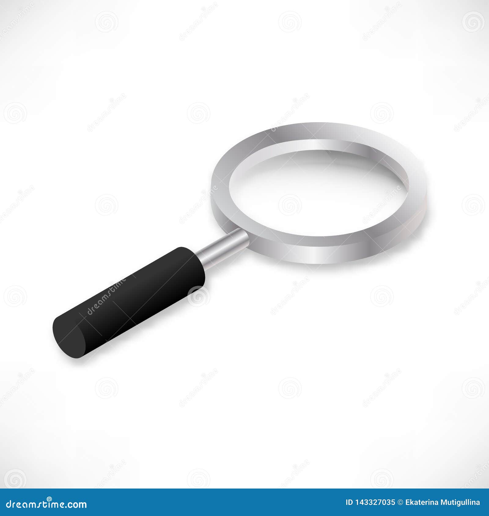 Lupa isom?trica. Isometric metallic magnifier with reflection, black handle, realistic shadow isolated on white background. Search icon. Magnifying glass vector illustration
