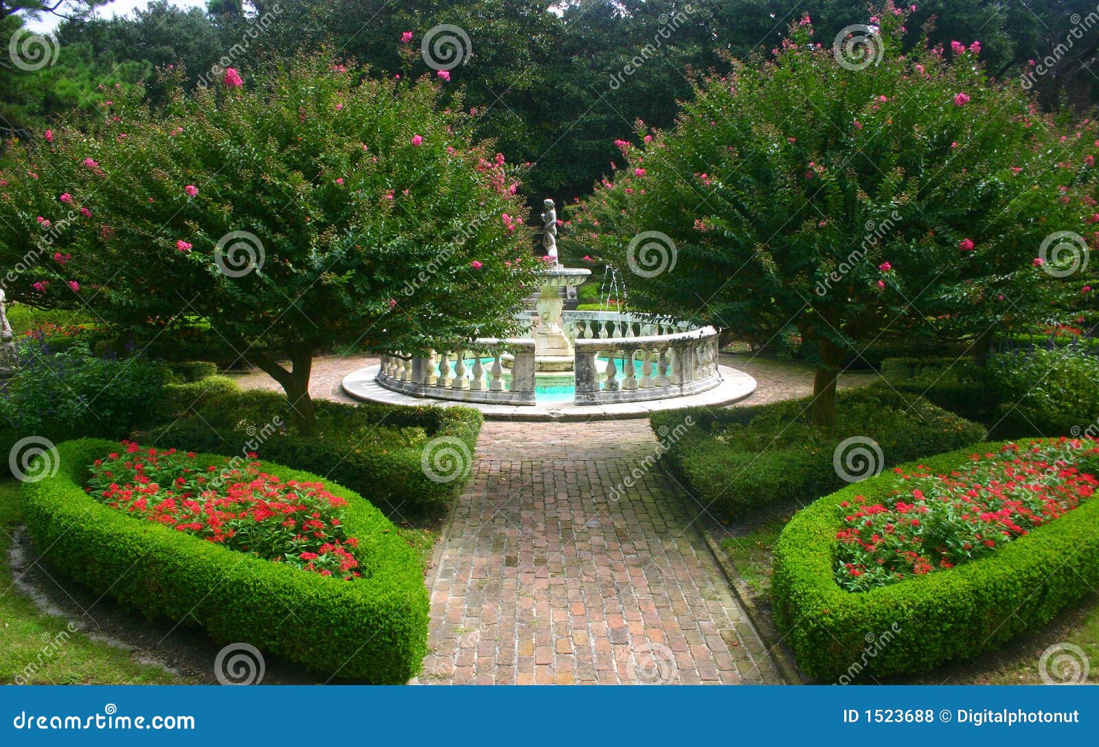 Lush Garden With Fountain Stock Photo Image Of Colorful 1523688