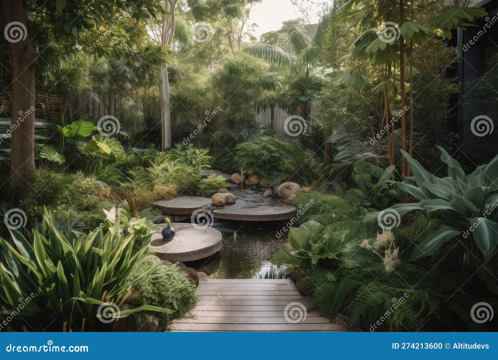 Lush Garden with Sparkling Water Feature and Cascading Plants Stock