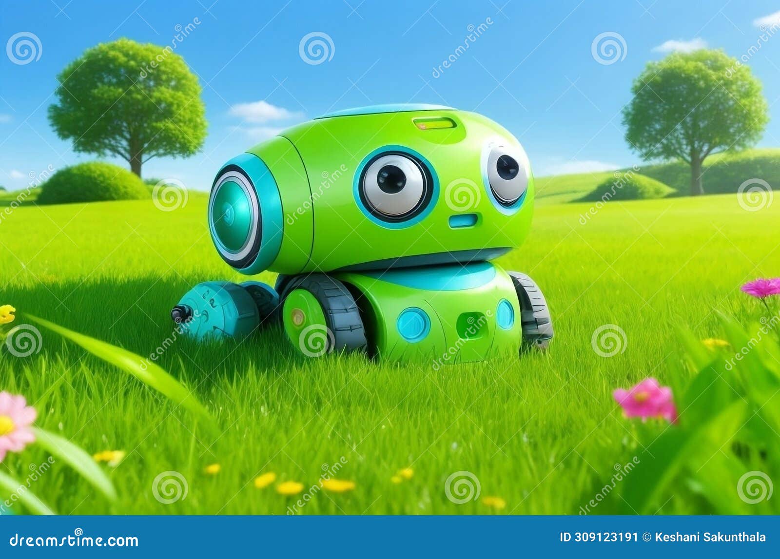 robot in a green field