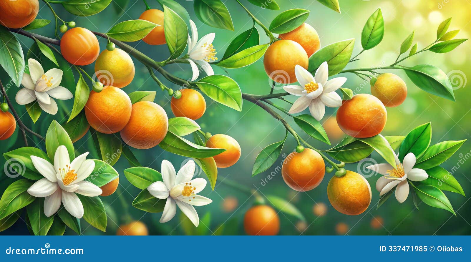 a lush orange tree branch with white blossoms and sunlight (digital painting