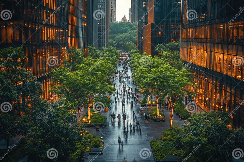 A Lush Urban Oasis a Vibrant Plaza Surrounded by Towering Buildings