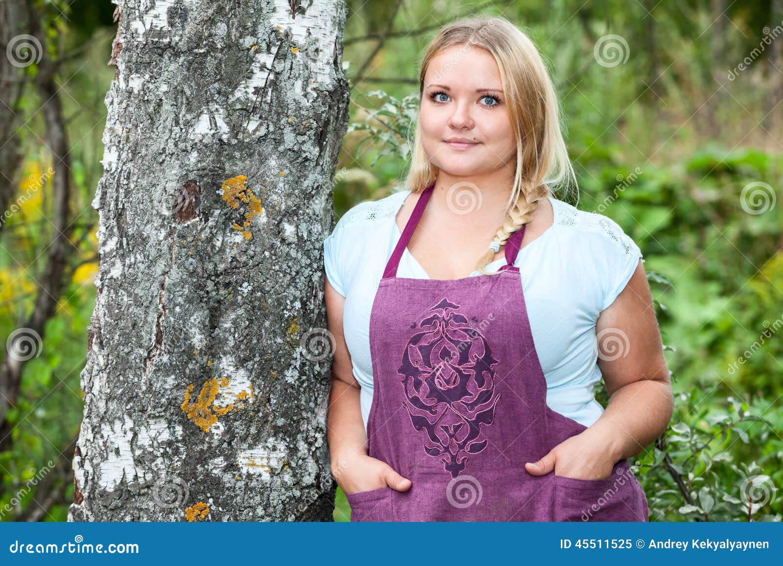Lush Woman in Apron with Hands in Her Pockets Leaning Birch Stock Image -  Image of life, happiness: 45511525