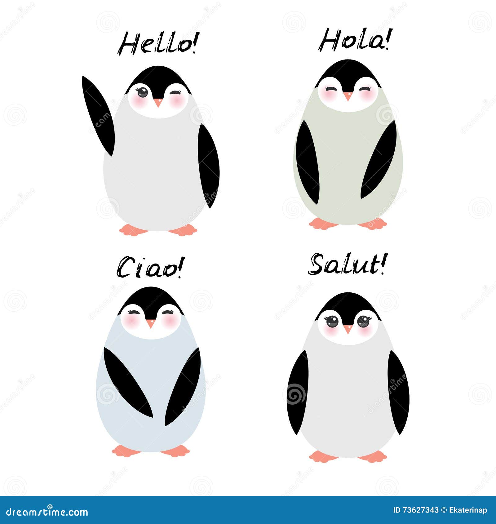 Lustige Pinguine Auf Weissem Hintergrund Hallo In Der Englisch Spanischen Italienischen Franzosischen Sprache Vektor Vektor Abbildung Illustration Von Hintergrund Hallo