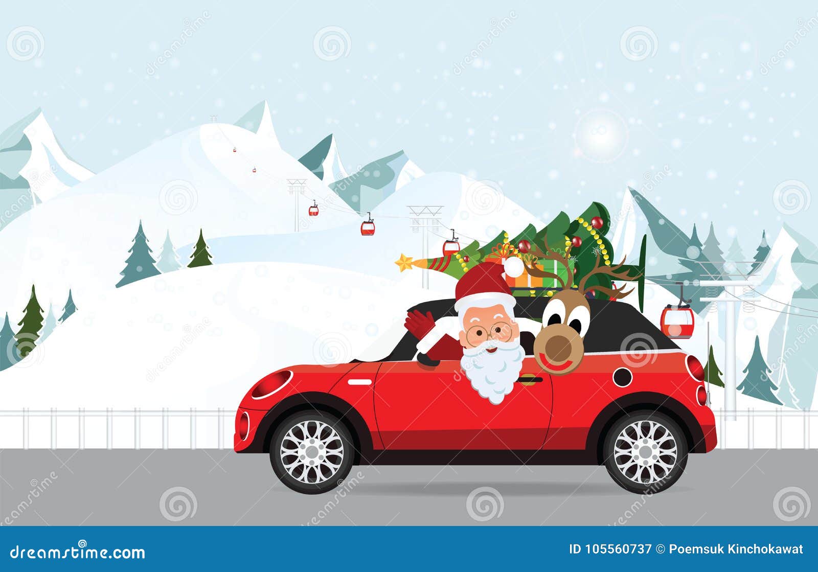 Lustige Santa Claus Und Ren Fährt Ein Rotes Auto Mit Dem Baum Vektor  Abbildung - Illustration von antreiben, geschenk: 105560737