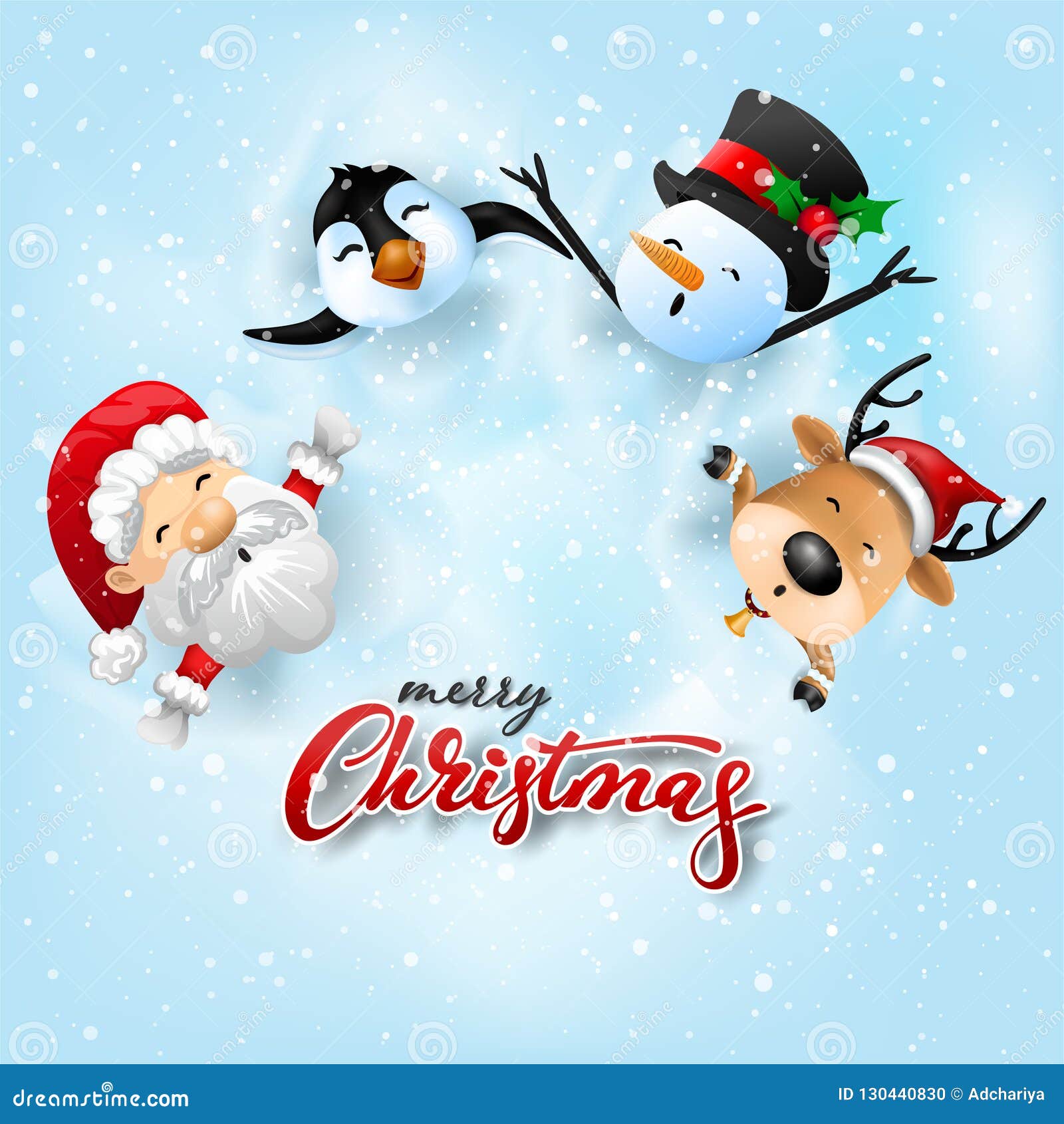 Lustige Weihnachtsgruss Karte Mit Santa Claus Rotwild Schneemann Und Pinguin Vektor Abbildung Illustration Von Lustige Schneemann