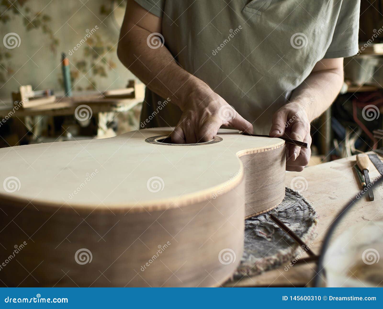 Luthier Install Binding on a Guitar. Stock Photo Image of manual
