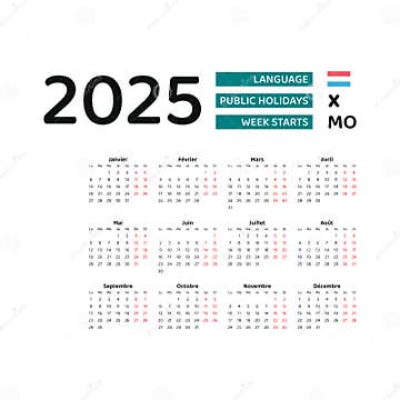 Luxembourg Calendar 2025. Week Starts from Monday. Vector Graphic