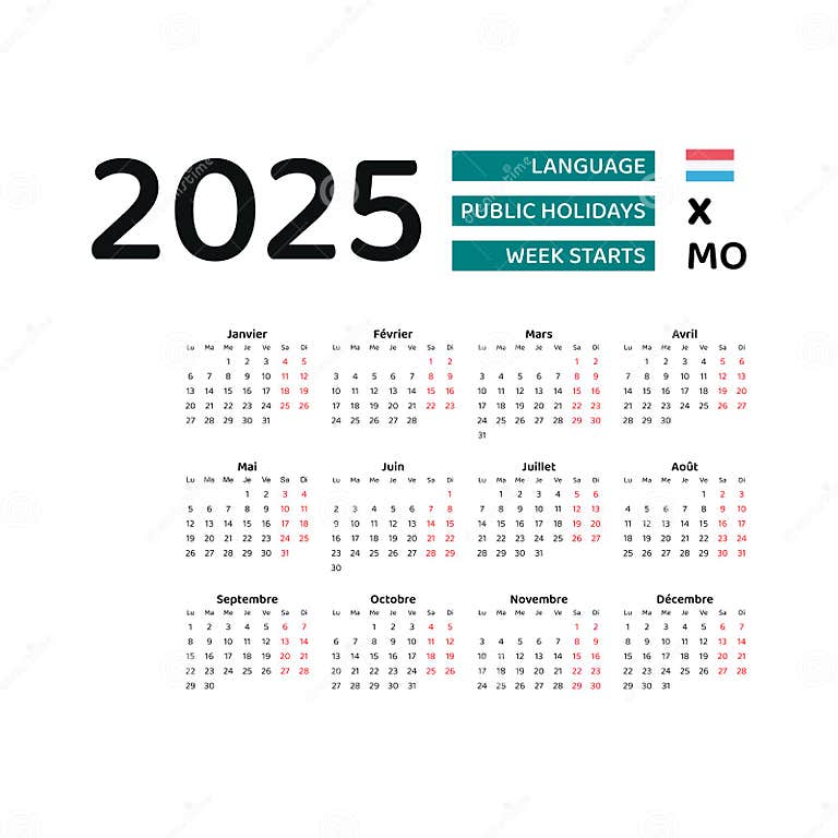 Luxembourg Calendar 2025. Week Starts from Monday. Vector Graphic
