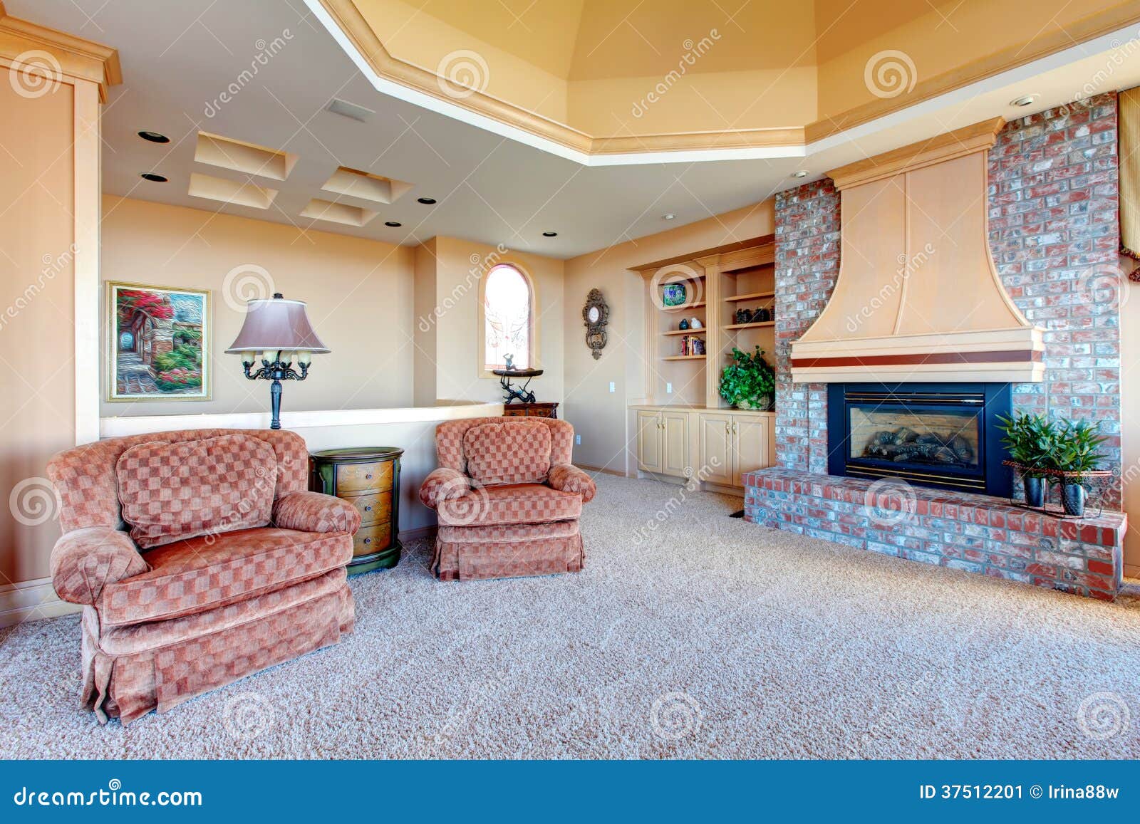 Luxuriant Family Room With Brick Background Fireplace Stock