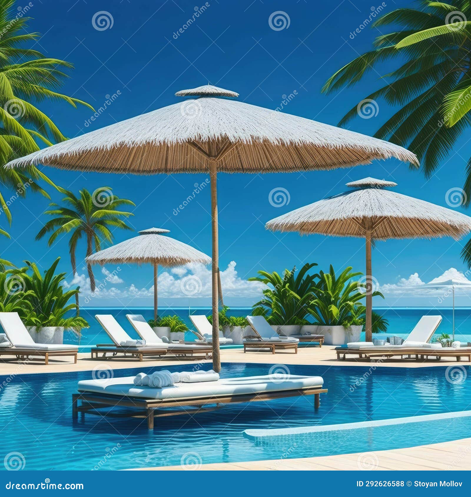 luxurios swiming pool and loungers, holiday vacancion spa hotel resort, relaxing concept background, generative ai
