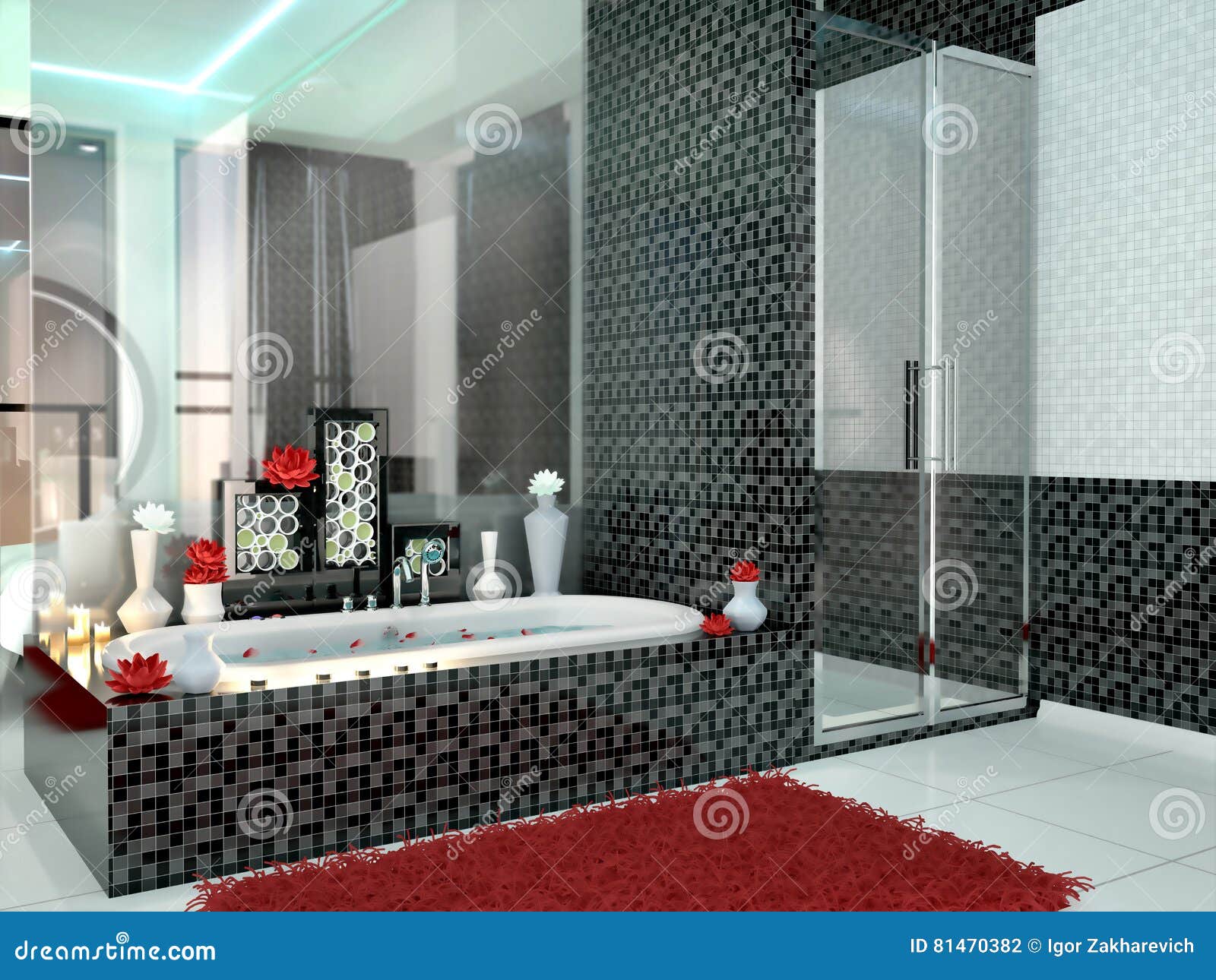 Luxurious Bathroom in Black and White Colors. Stock Illustration