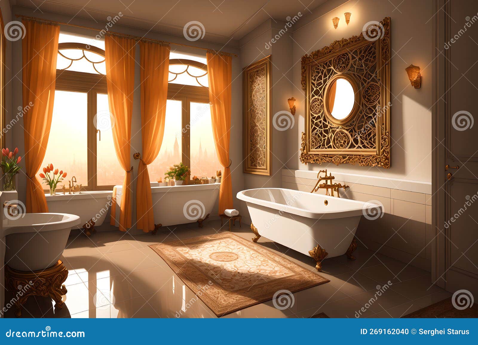 Luxurious Bathroom Interior in a Modern Royal Palace, in Light of