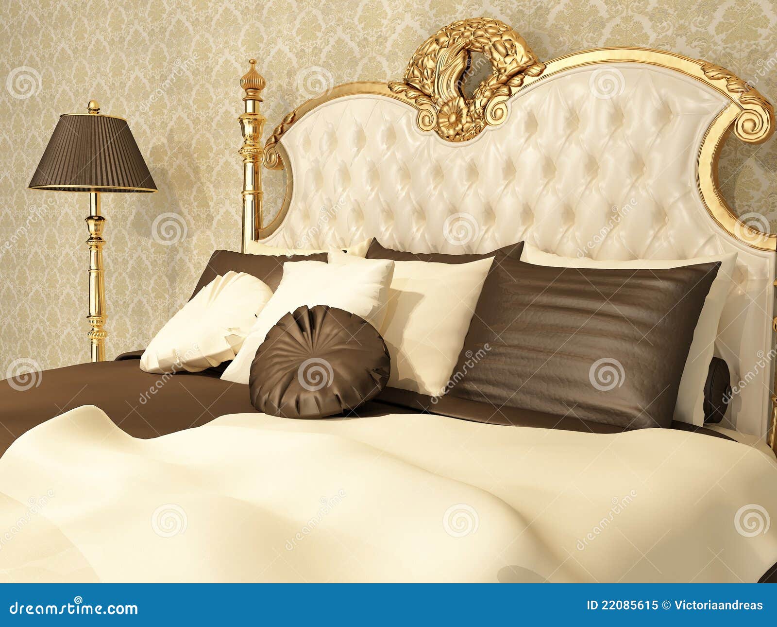 Luxurious Bed with Pillows in Royal Interior Stock Illustration