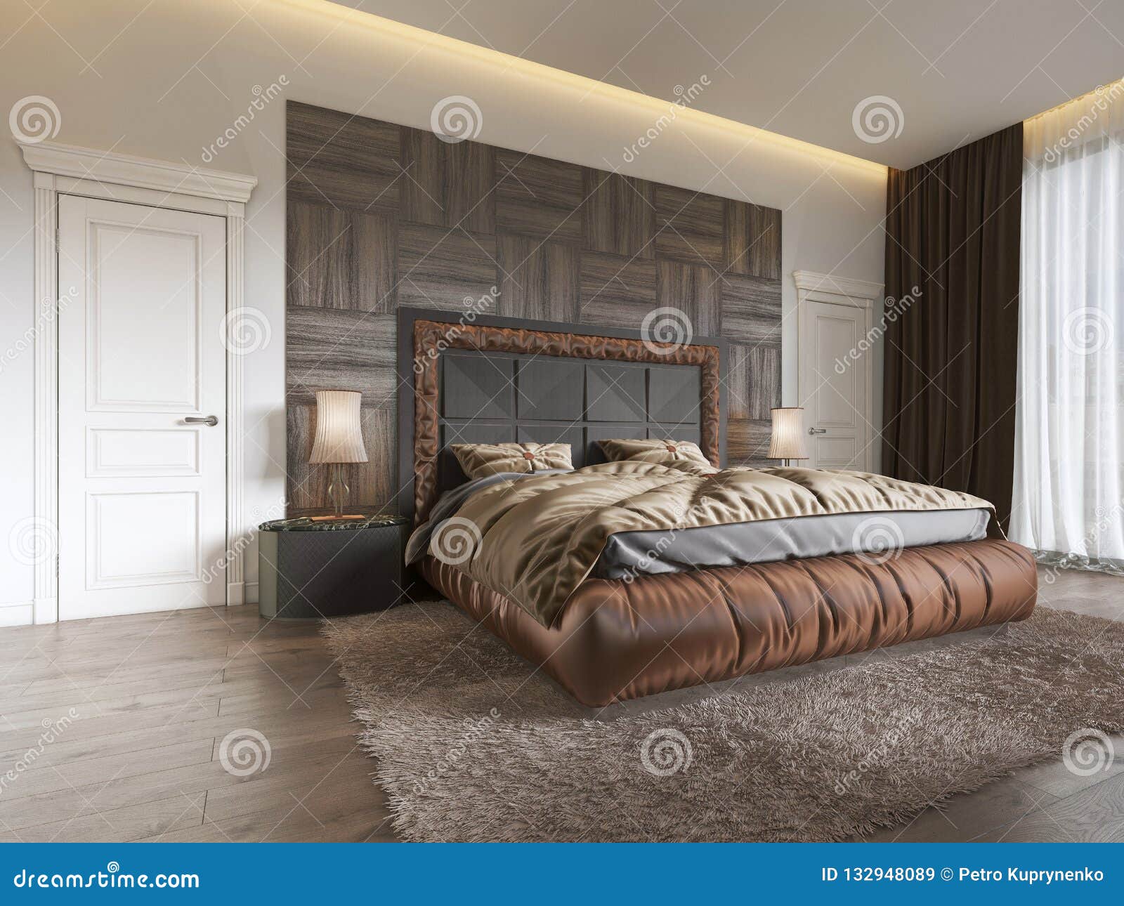 Luxurious Bedroom In Modern Style With Large Windows In The