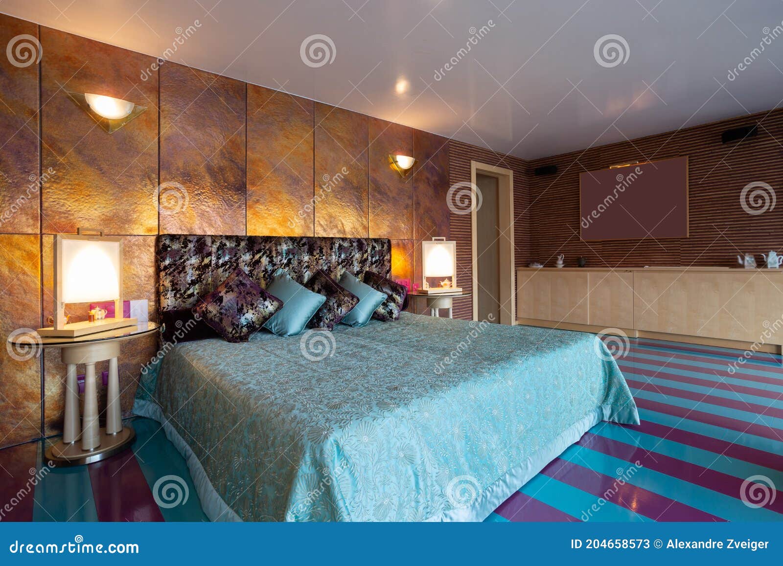 Luxurious Bedroom with Purple and Blue Stripes Stock Image - Image of ...