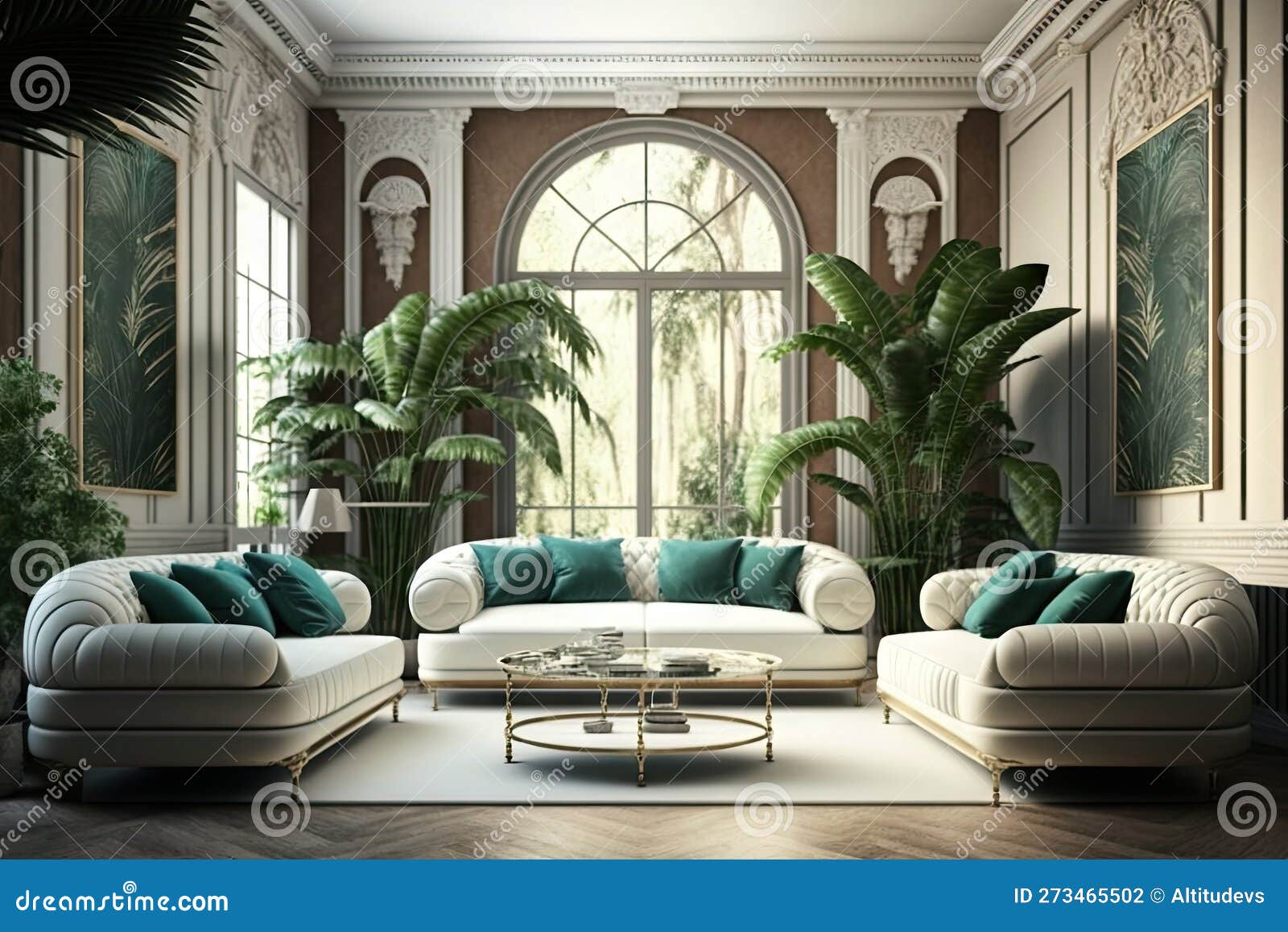 Luxurious Bright Room with Soft Sofas and Palm Trees Jungle Interior