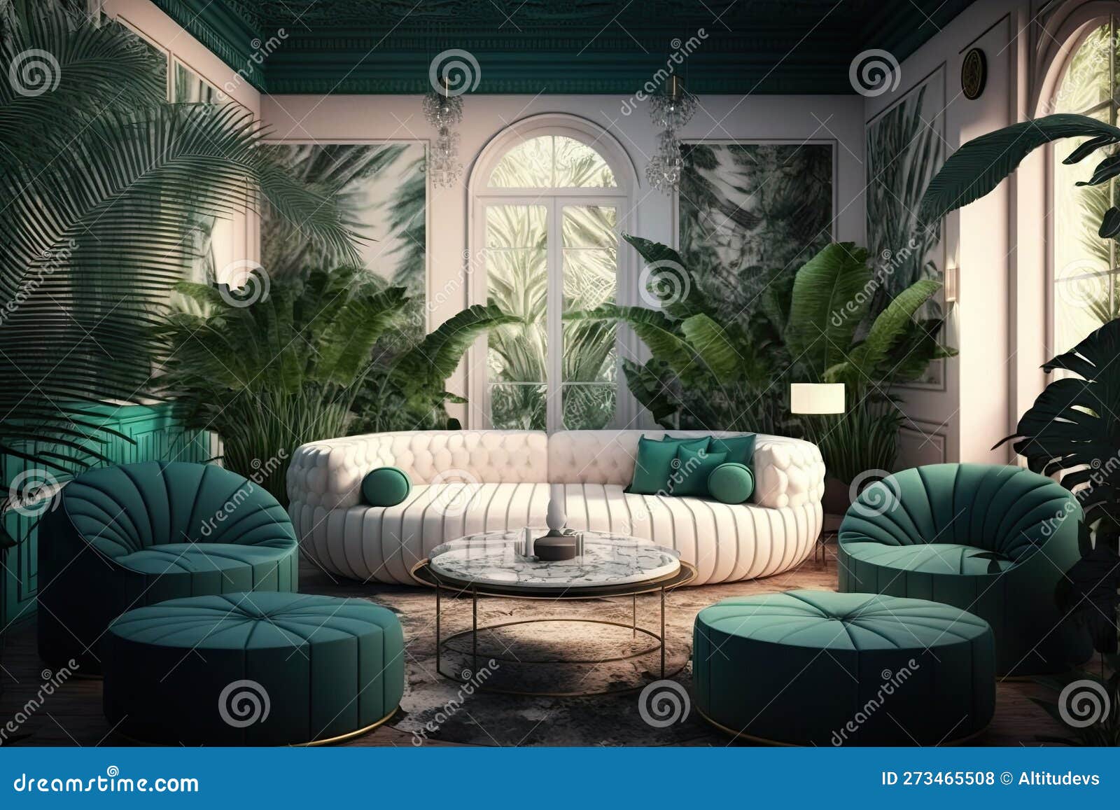 Luxurious Bright Room with Soft Sofas and Palm Trees Jungle Interior