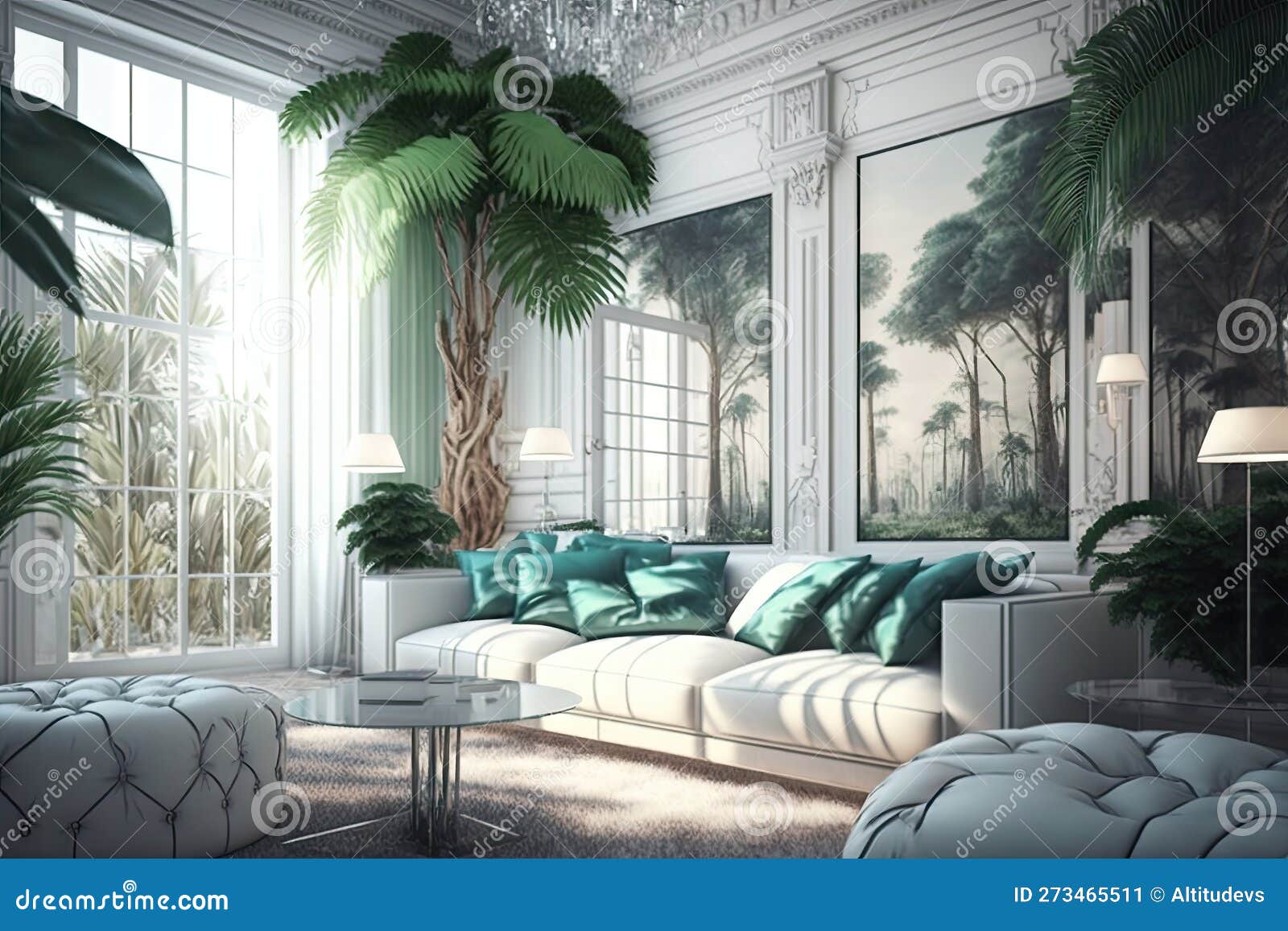 Luxurious Bright Room with Soft Sofas and Palm Trees Jungle Interior
