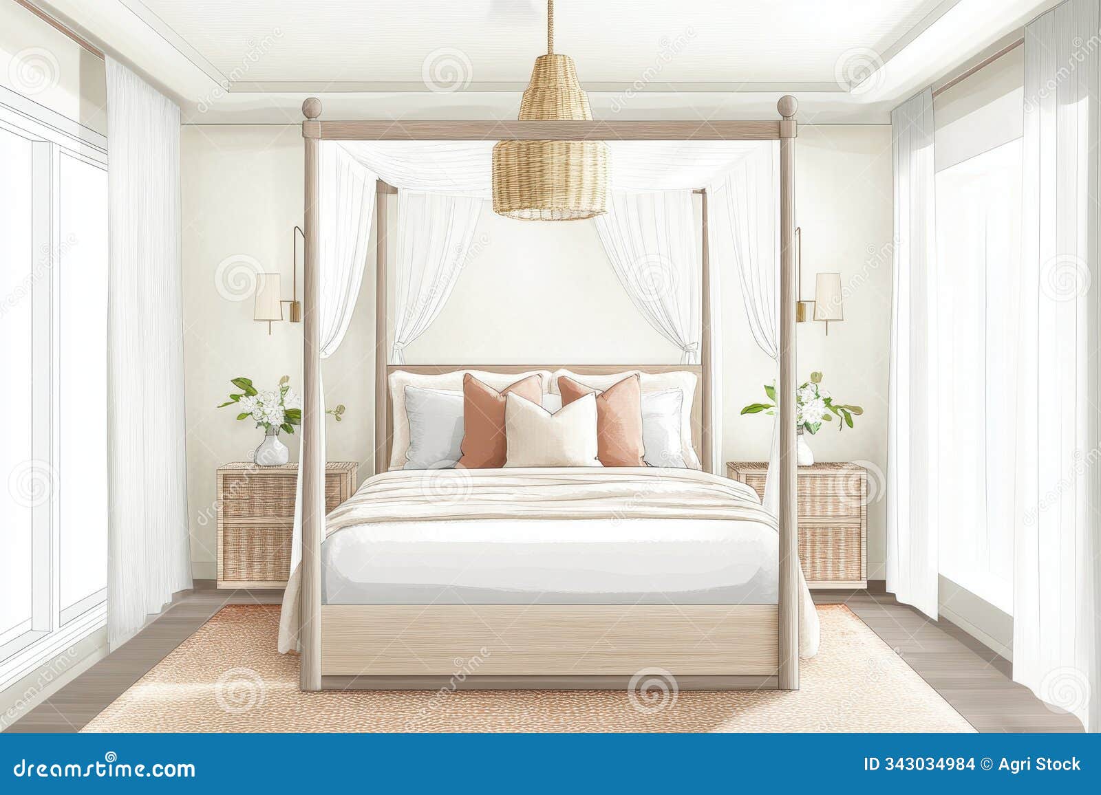 a luxurious coastal bedroom with a canopied bed and wicker accents