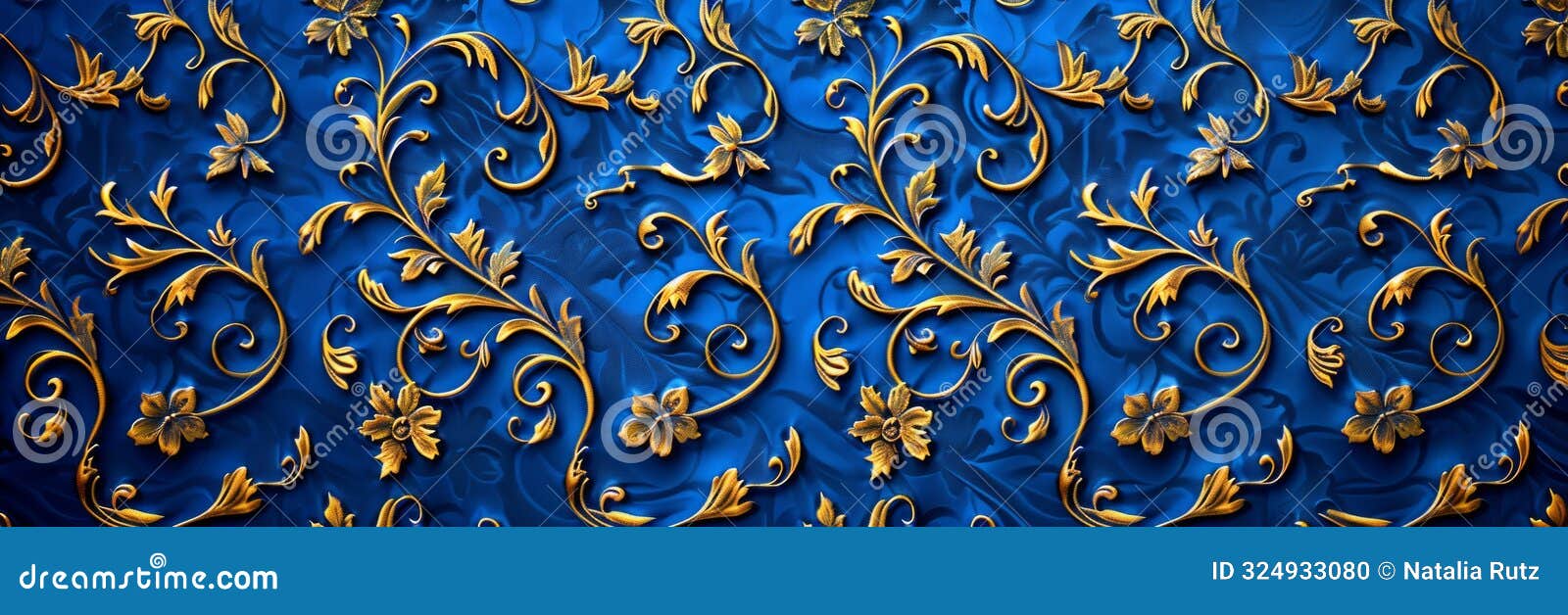 a luxurious damask pattern featuring intricate gold floral vines on a deep blue background