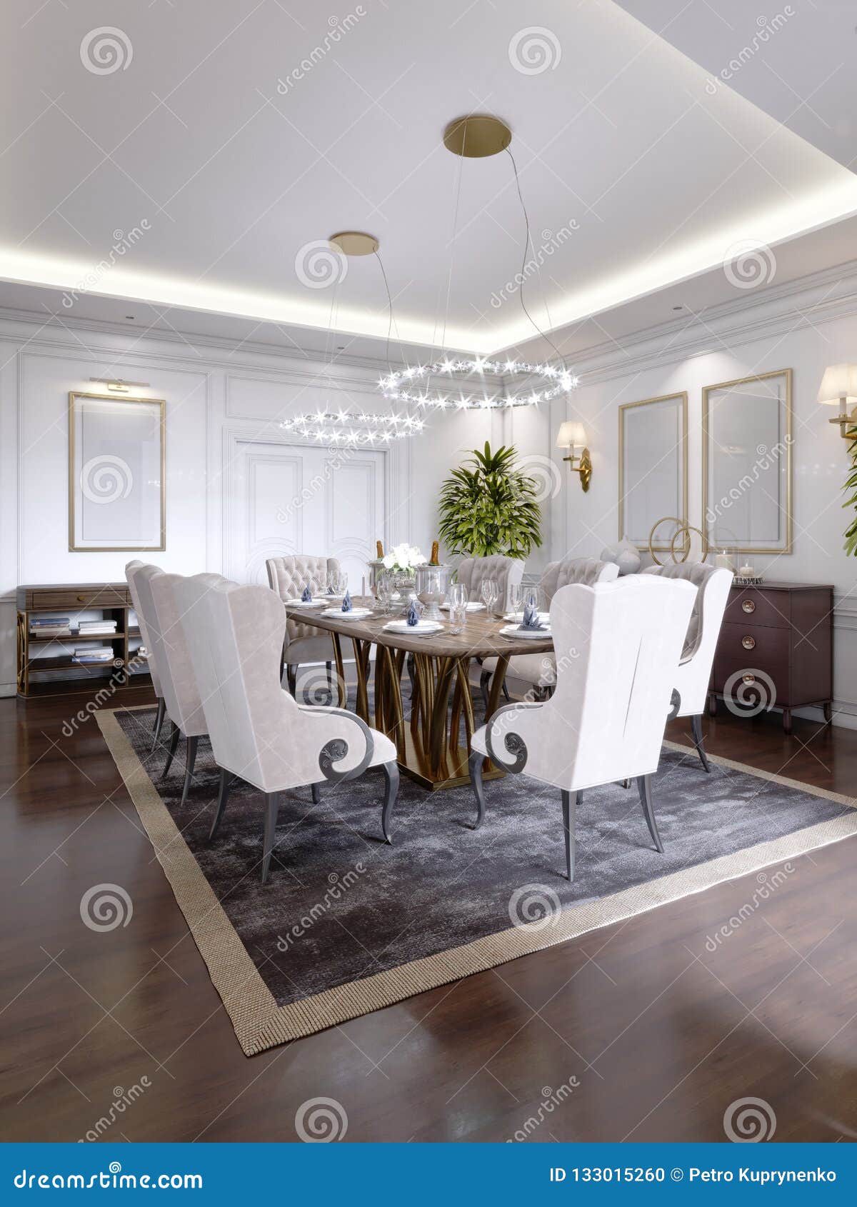 Luxurious Dining Room with a Large Table and Soft Chairs in a Classic ...