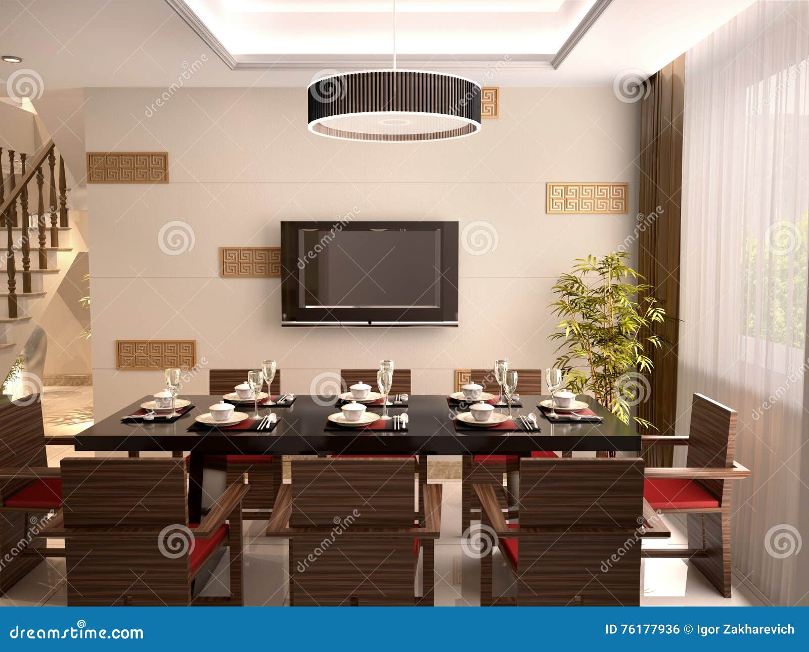 Luxurious Dining Room In A Large House, With A Round Table For Six