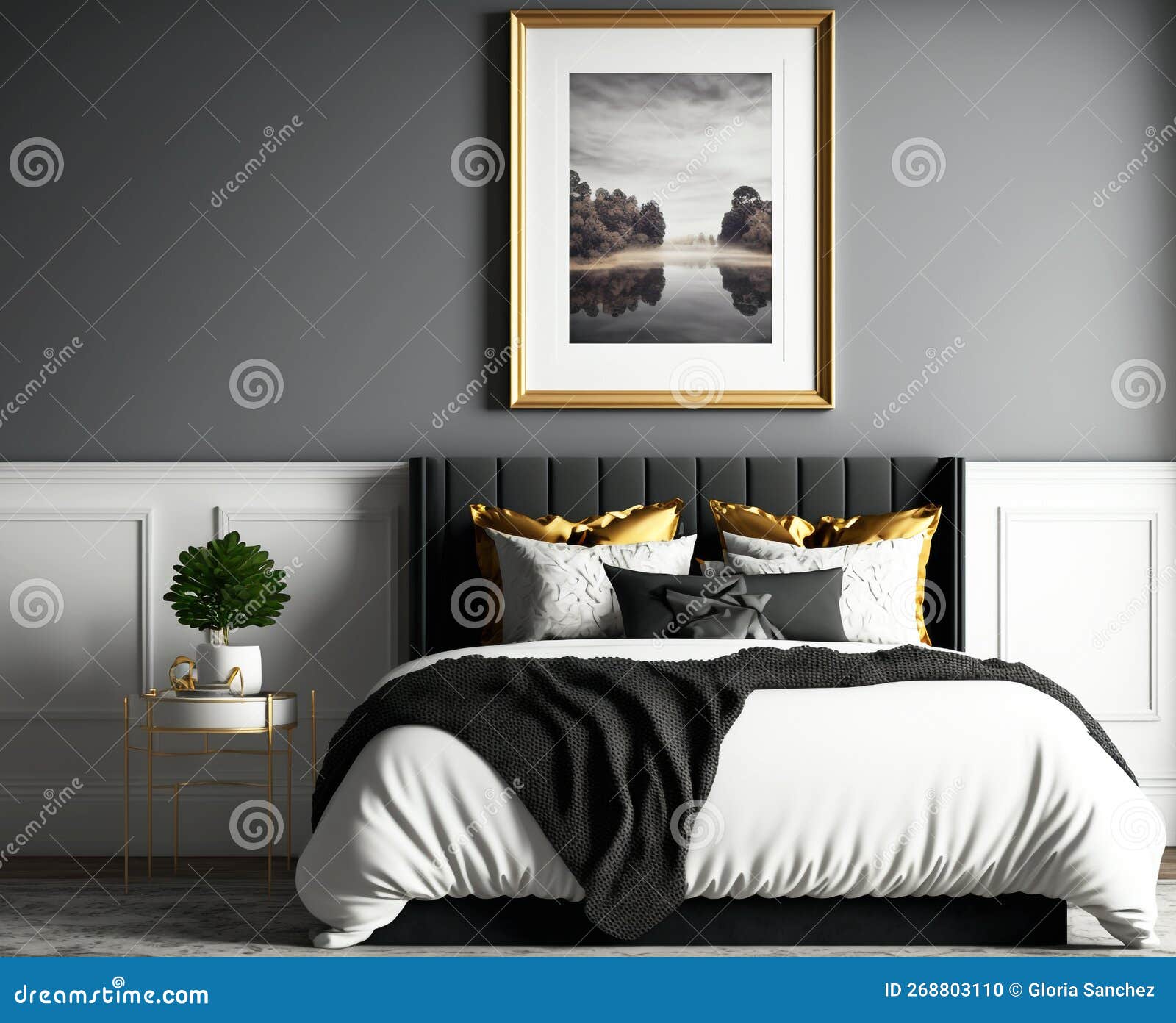 Luxurious Gold and Black Bedroom Interior Design Illustration