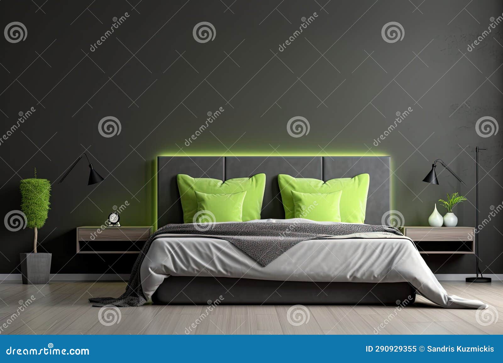 Luxurious Grey Bedroom with Lime Green Accents Generative AI. Stock ...